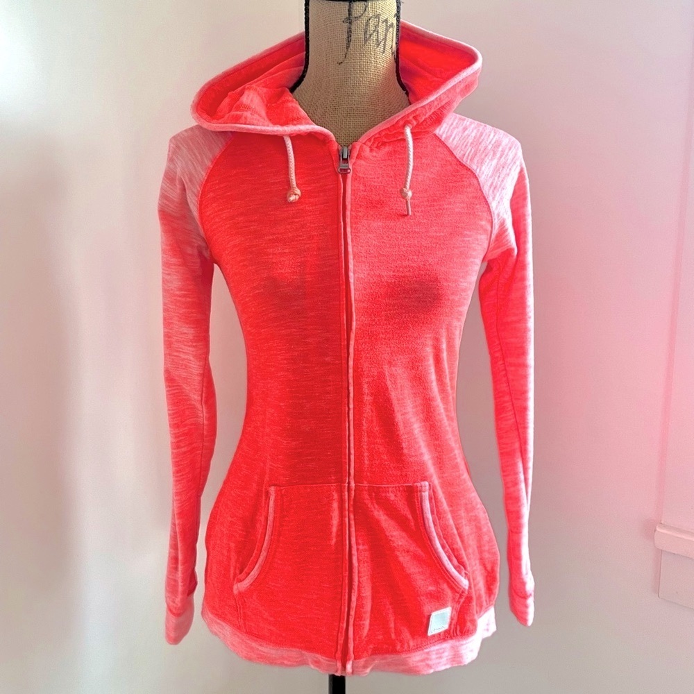 Bench Neon Coral Knit Hoodie Track Jacket, Pockets, Long Sleeves, Slouchy Hood